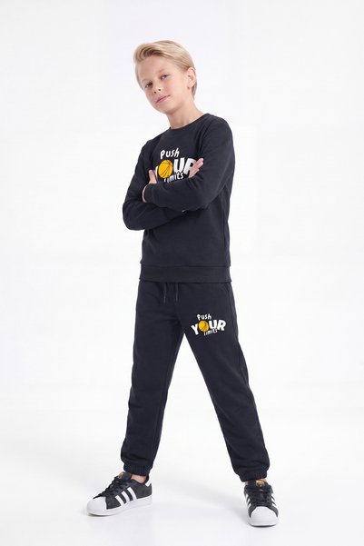 FYK KİDS 3 Thread Printed Boys' Double Pocket Crew Neck Sweatshirt Set