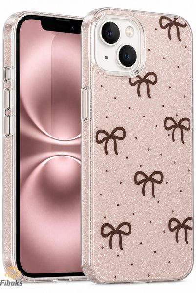 Fibaks iPhone 13/14 Kılıf Simli Siyah Fiyonk Desenli Renkli Parlak Darbe Emic...