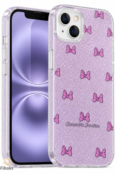 Fibaks iPhone 14 Plus/15 Plus Kılıf Mor Simli Fiyonk Desenli Renkli Parlak Da...