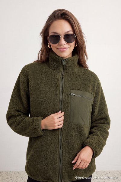 Trendyol Collection Winter Essentials Khaki Thick Fleece Zippered Long Sleeve...