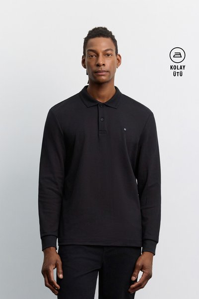 Avva Men's Black Non-Curling Polo Collar Easy-Iron Basic Sweatshirt B001080