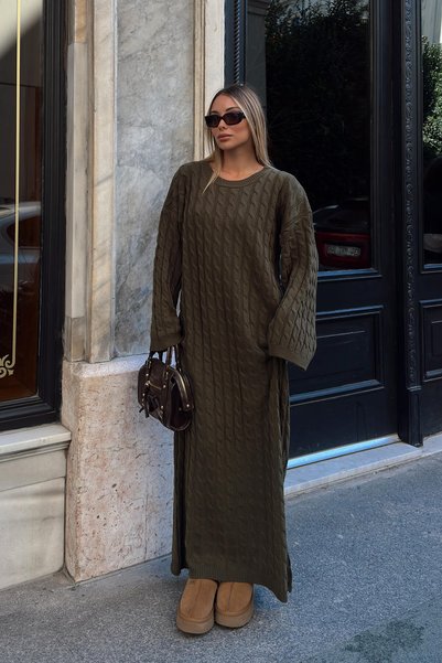 Swist Khaki Crew Neck Hair Braided Women's Knitwear Midi Dress