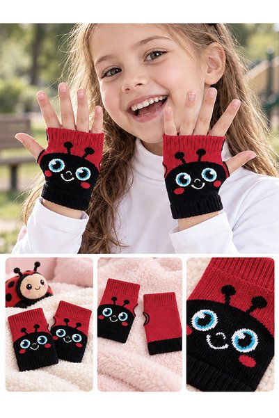 Denokids Mănuși fără degete din bumbac roșu cu model gărgăriță pentru fete, 2...