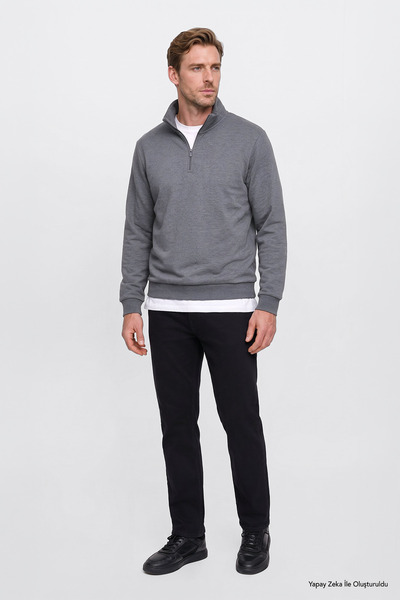 AC&Co / Altınyıldız Classics Erkek Antrasit-melanj Standart Fit Içi Polarlı Fermuarlı Dik Bato Yaka Pamuklu Sweatshirt