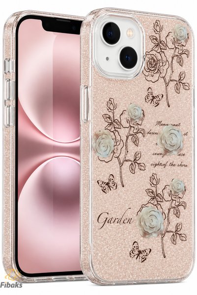 Fibaks iPhone 13/14 Kılıf Simli Beyaz Gül Desenli Renkli Parlak Darbe Emici K...