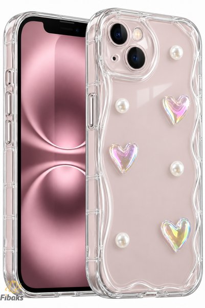 Fibaks iPhone 14 Plus/15 Plus Kılıf 3d Kalpli Inci Tasarımlı Desenli Kamera K...