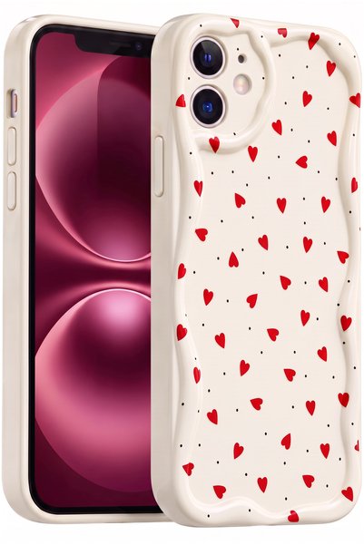 Fibaks iPhone 11 Kılıf Kamera Korumalı Dalga Kenarlı Kırmızı Kalp Desenli Sil...
