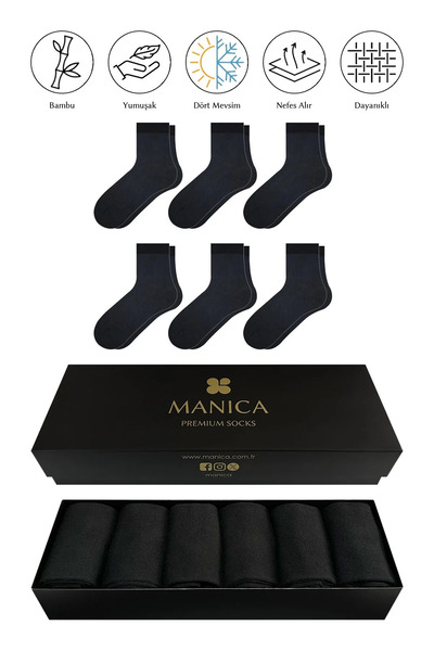 MANICA Erkek Bambu Yarım Konç Çorap 6 Çift - Siyah
