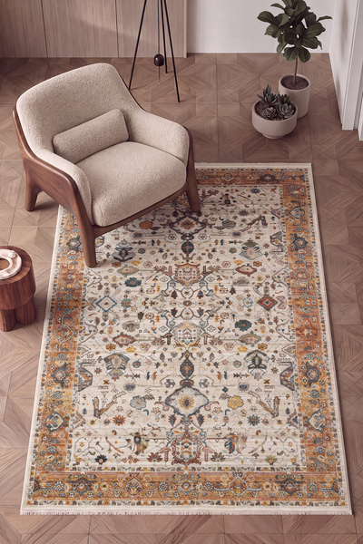 Cool Halı Panama Krem Vintage Halı Terracotta Çerçeveli Otantik Uşak Desen Av...