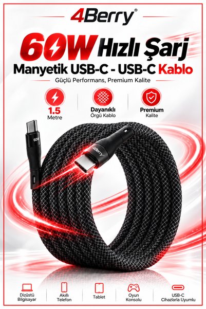 4 Berry Bmcc-02 Siyah Manyetik Usb-c-usb-c Kablo – 1.5 M, 60 W Hızlı Şarj