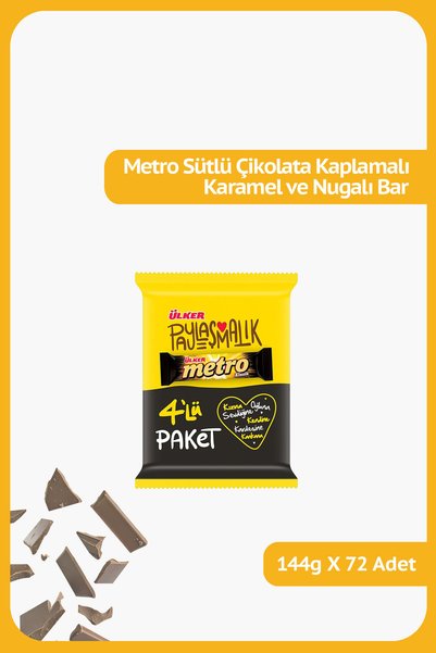 Ülker METRO Sütlü Çikolata Kaplamalı Karamel ve Nugalı Bar - 4'lü Paket - 144...