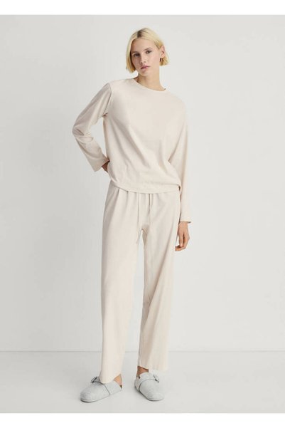 MANGO Woman İki parçalı pamuklu düz tasarım pijama