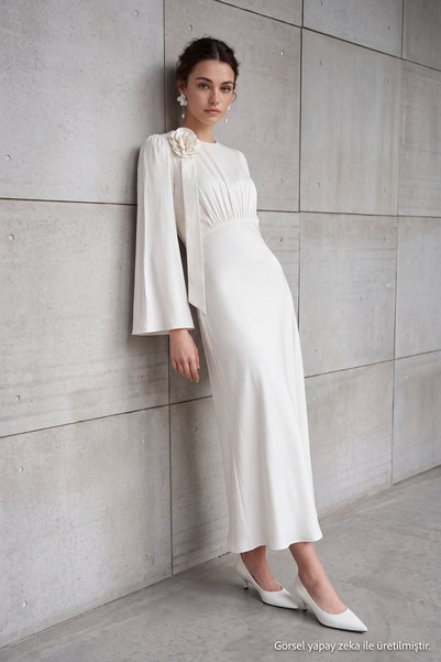Trendyol Modest Κρεμ Ροζ Λεπτομερές Φόρεμα Γάμου / Ειδικής Περίστασης Υφαντό ...