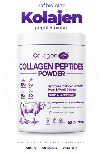 COLLAGEN LIFE Hidrolize Kolajen Peptit Tip 1 - Tip 3 Kolajen 500g - Biotin & ...