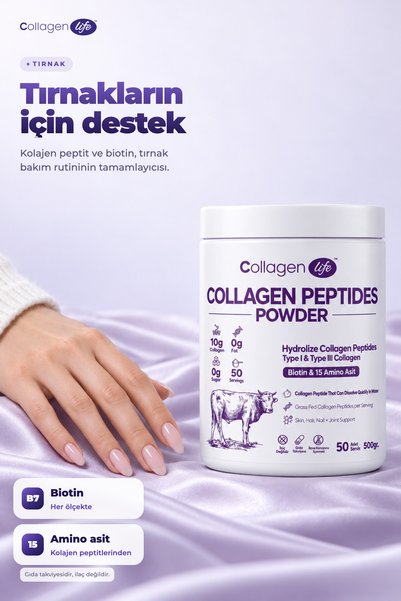 COLLAGEN LIFE Hidrolize Kolajen Peptit Tip 1 - Tip 3 Kolajen 500g - Biotin & 15 Amino Asit 50 Günlük Gıda Takviyesi