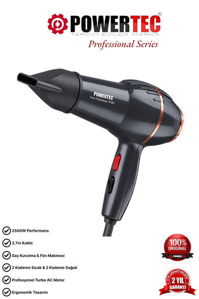 POWERTEC TR-801 Profesyonel Saç Kurutma & Fön Makinesi Antrasit Gold