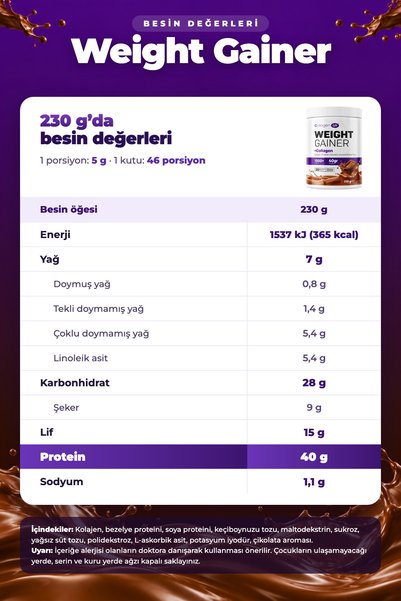 COLLAGEN LIFE Kolajen & Çikolatalı Kilo Alımını Desteklemeye Yardımcı Protein Tozu