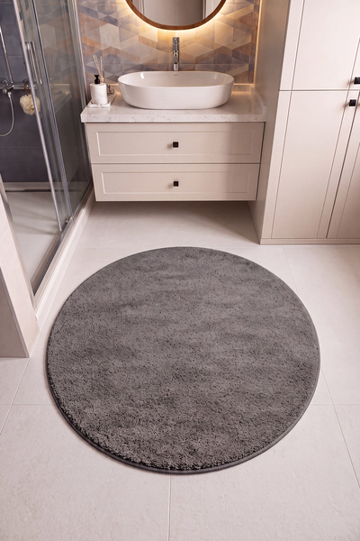 Cool Halı Puffy Antrasit Yuvarlak Banyo Paspası Yumuşak Uzun İplik Kalın Pelu...