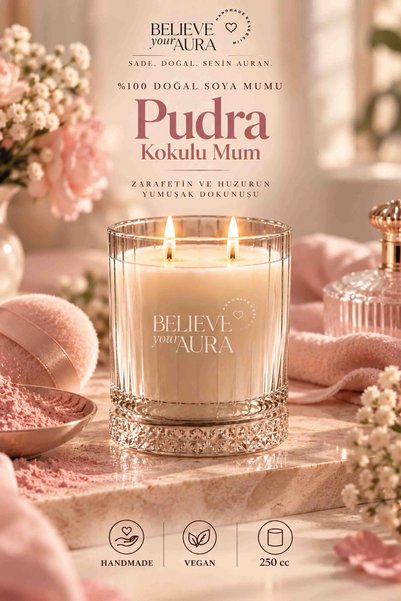 Believe Your Aura Pudra Kokulu Bardak Mum - %100 Doğal Soya Mumu Kristal Bard...