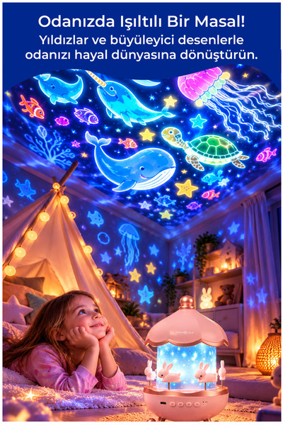 Teknoloji Gelsin Projector Night Light Rotating Educational for Kids Bluetooth Speaker Roaming Moon Star Lighted Tale