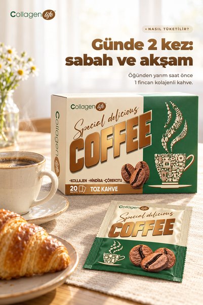 COLLAGEN LIFE Kolajenli Kahve Karışımı Coffee Powder 20 Saşe – Hindiba, Garsinya ve Çörek Otu İçerikli Kahve