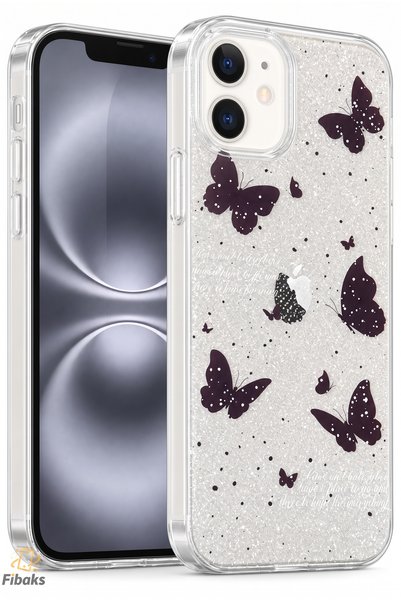 Fibaks iPhone 11 Kılıf Simli Siyah Kelebek Desenli Renkli Parlak Darbe Emici ...