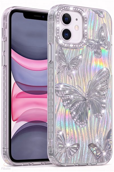 Fibaks Iphone 11 case holographic silver stone glitter butterfly pattern shoc...