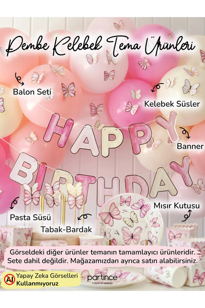 partince 48’li Pembe Tema Kelebek Süs Parti Süsü Pembe Kelebek Doğum Günü Süs...
