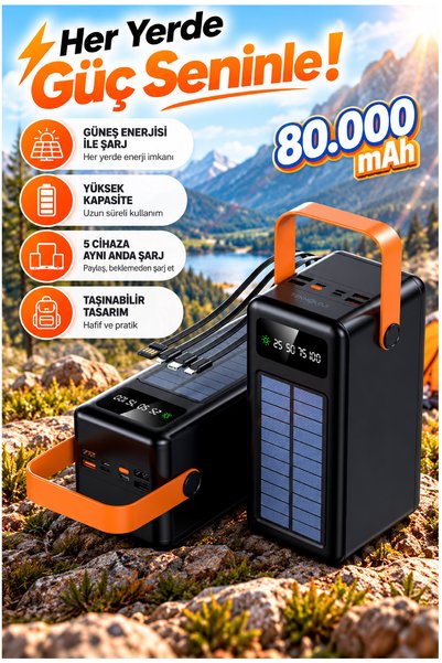 Teknoloji Gelsin Güneş Enerjili Solar Powerbank 80.000 mAh Dijital Göstergeli...