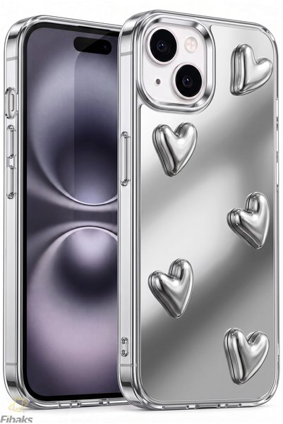 Fibaks iPhone 13/14 Case Mirrored Silver 3D Heart Pattern Shock Absorbing Sil...