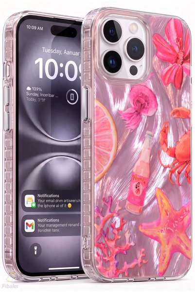 Fibaks iPhone 14 Pro Max/ 15 Pro Max Kılıf Hologramlı Pembe Yengeç Mercan Des...