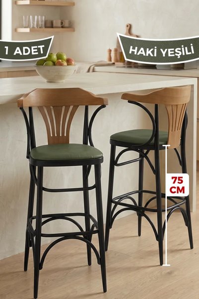 Canisa Salex Serisi 1 Adet 75 Cm Haki Suni Deri Kumaş Siyah Metal İskeletli Mutfak Bar Sandalyesi