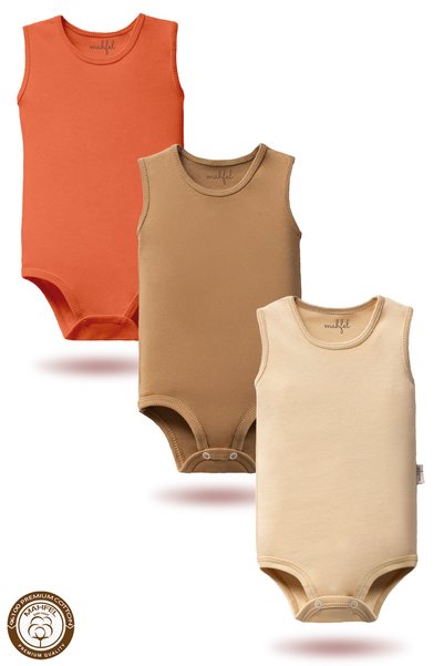 MAHFEL %100 Organik Pamuklu Çıtçıtlı Kolsuz Bebek Body Zıbın 3lü Paket