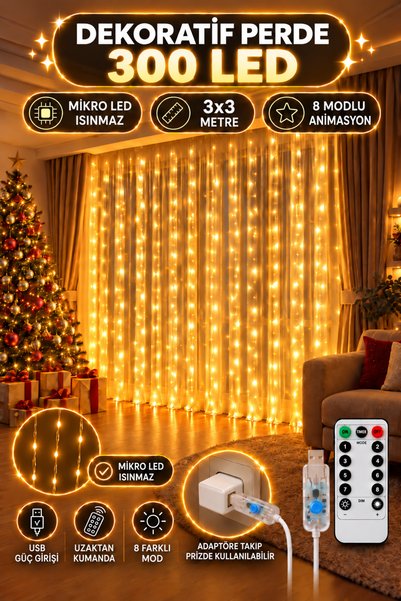 Huzur Party Store 3x3 Metre Yılbaşı Yeni Yıl Işığı Loş Sarı Peri Perde Led Us...