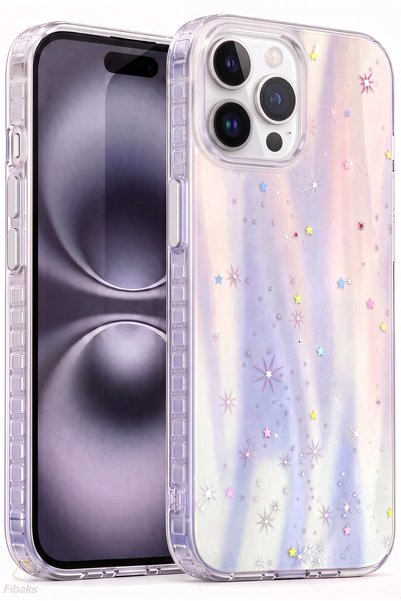 Fibaks iPhone 14 Pro Max / 15 Pro Max Kılıf Hologramlı Yıldız Işıltısı Desenl...