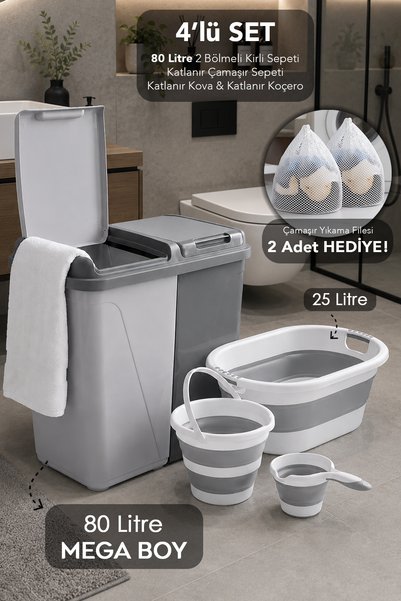 Meleni Home 4'lü Banyo Seti - 80Lt Platin Kirli Sepeti Akordiyon Çamaşır Sepe...