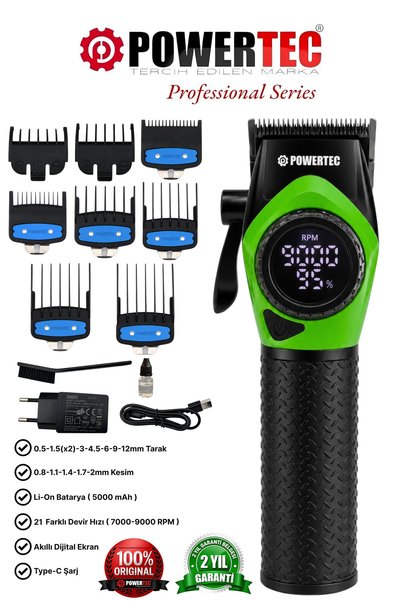 POWERTEC TR-5100 Profesyonel Saç Tıraş Makinesi | 9000 RPM Dijital Ekran | Şa...