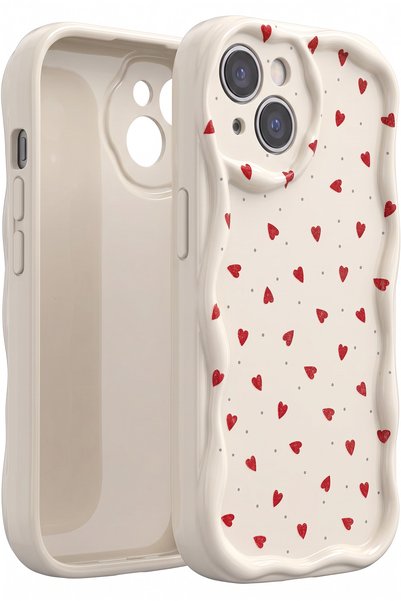 Fibaks iPhone 13/14 Kılıf Kamera Korumalı Dalga Kenarlı Kırmızı Kalp Desenli ...