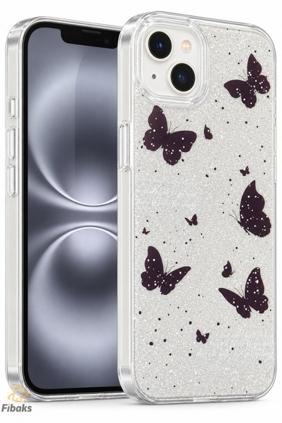 Fibaks iPhone 13/14 Kılıf Simli Siyah Kelebek Desenli Renkli Parlak Darbe Emi...