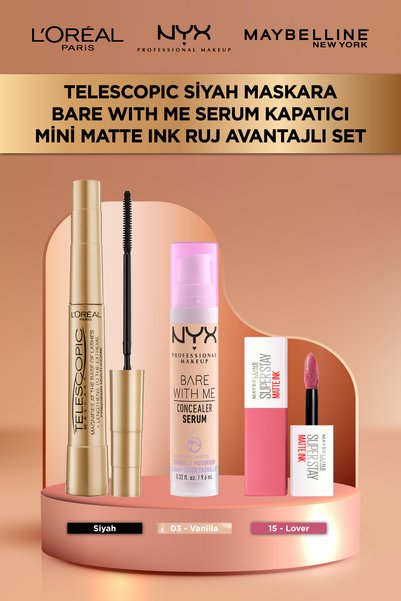 L'Oreal Paris Telescopic Gold Maskara + Bare With Me Kapatıcı 03 + Matte Ink ...