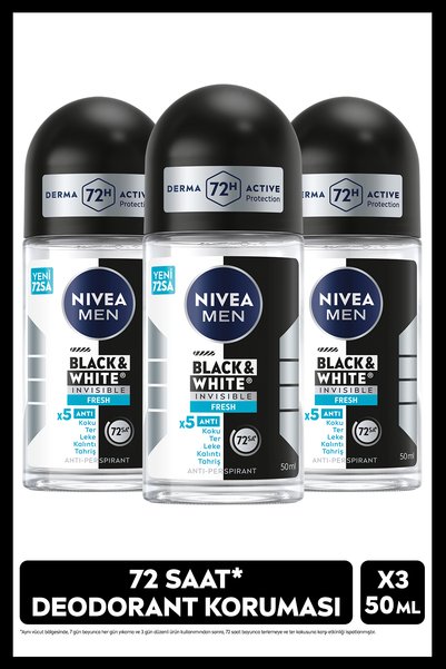 NIVEA MEN Erkek Roll-on Deodorant Black&White Invisible Fresh 50ml, X3 Adet Set