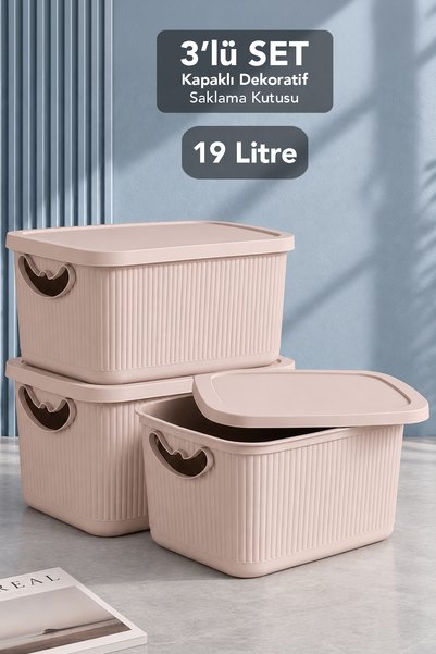 Meleni Home 3'lü Kapaklı Saklama Kutusu - Çok Amaçlı Dekoratif Organizer Dola...