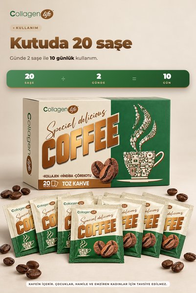 COLLAGEN LIFE Hindiba, Kolajen, Çörekotu İçeren Kahve Coffee Powder 20 Saşe & Karışık Bitki Çayı 25 Saşe Fırsat Seti