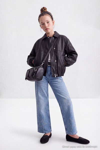 TRENDYOLKIDS Orta Mavi Esnek Kumaşlı Kız Çocuk Mavi Pamuklu Esnek Wide Leg/Ge...