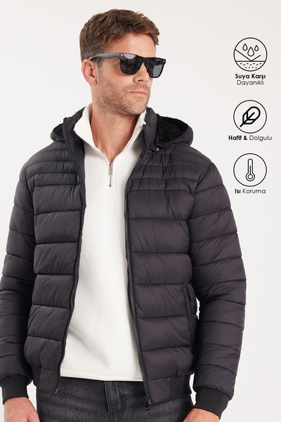 Tudors Men's Relax Fit Comfortable Cut Double Pocket Hooded Warm Black Coat w...