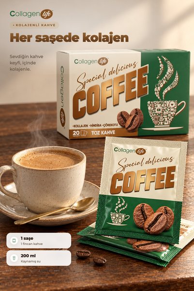COLLAGEN LIFE Hindiba, Kolajen, Çörekotu İçeren Kahve Coffee Powder 20 Saşe & Karışık Bitki Çayı 25 Saşe Fırsat Seti