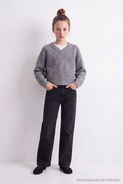 TRENDYOLKIDS Antrasit Esnek Kumaşlı Kız Çocuk Pamuklu Wide Leg/Geniş Paça Yıl...
