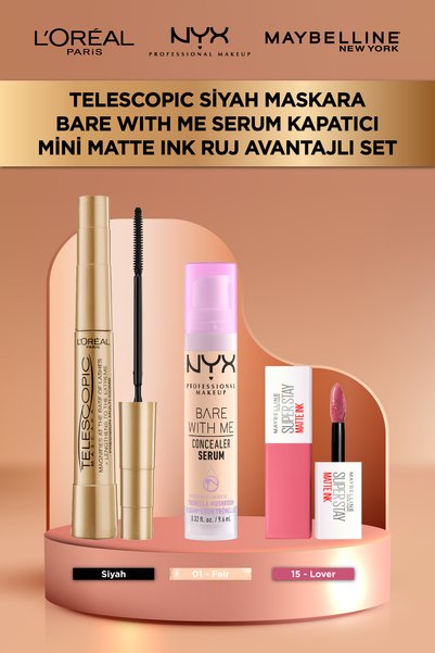 L'Oreal Paris Telescopic Gold Maskara & Bare With Me 01 Kapatıcı Makyaj Seti ...