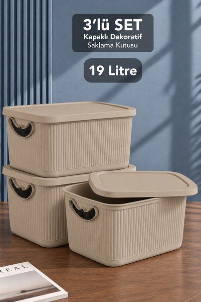 Meleni Home 3'lü Kapaklı Saklama Kutusu - Çok Amaçlı Dekoratif Organizer Dola...