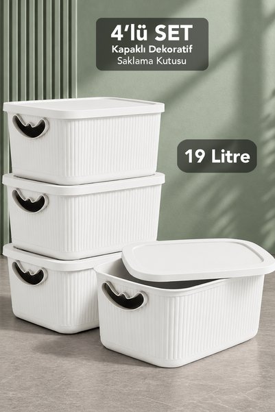 Meleni Home 4'lü Kapaklı Saklama Kutusu - Çok Amaçlı Dekoratif Organizer Dola...